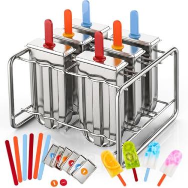 Imagem de Jingmore Moldes pop de aço inoxidável, 6 moldes pop de metal de cabeça redonda com suporte e bastões reutilizáveis, máquinas de sorvete de metal para iogurte congelado sorvete de frutas (quadrado)