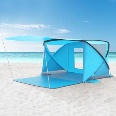Imagem de Barraca de praia com cobertura, cabana de praia para 4 a 6 pessoas, cabana de praia leve e portátil com proteção solar FPS 50+ e janelas de ventilação, ideal para diversão em família e acampamento ao