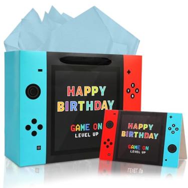 Imagem de JOARHONAL Bolsa de presente de aniversário de videogame – Bolsa grande de presente de feliz aniversário de 33 cm com papel de seda e cartão para meninos e crianças, suprimentos de festa de aniversário
