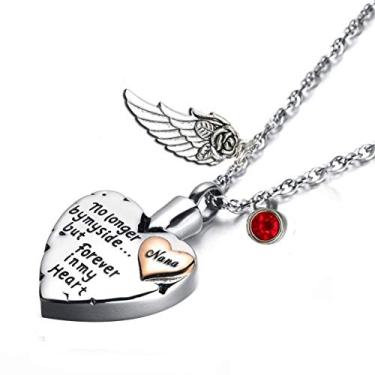 Imagem de PREKIAR Colar de urna de cremação de coração para cinzas, joia de asa de anjo, pingente memorial e 12 peças de pedras de nascimento No Longer by My Side But Forever in My Heart, Metal, cremação