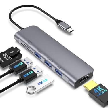 Imagem de Adaptador multiportas USB C 6 em 1 com HDMI 4K, 3 portas USB 3.0, leitor de cartão SD/TF, estação de ancoragem USB C portátil compatível com MacBook Pro/Air, iPad Pro, Chromebook, Dell XPS, HP,
