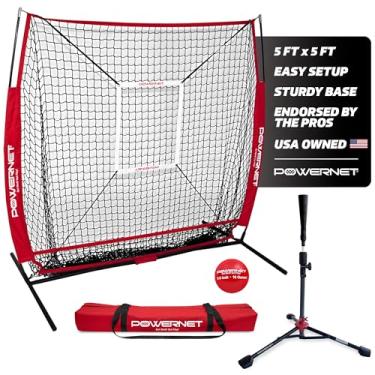 Imagem de PowerNet Conjunto de beisebol, rede de rebatida e arremesso de 1,5 x 1,5 m com camiseta de rebatida, equipamento de treinamento de softbol e beisebol, bola e bolsa com peso (rede vermelha e camiseta)