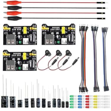 Imagem de Minidodoca arduino Power Supply 3.3V 5V MB102 Solderless Breadboard Power Supply Module with 9V Battery Clip +4pcs Alligator Clip Test Lead+25pcs 5 Colors LED+12pcs 0.22-470uf capacitors+ Dupont Wire