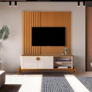 Imagem de Painel Boto Ripado + Bancada Buriti 1.4 Curva com Pés e Puxadores em Madeira Maciça Marrom/Offwhite