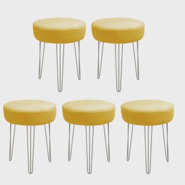 Imagem de Kit 05 Banquetas Puff Jullia Luxo 55cm Industrial Ferro Cinza Corino Amarelo - Ahazzo Móveis