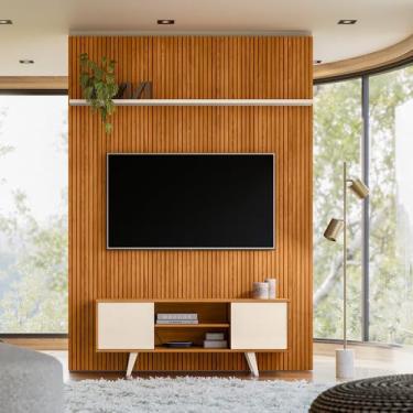 Imagem de Painel com Bancada New Panorama Piso teto Para TV até 65" Polegadas - Bela Móveis (Cinamomo/Off White)