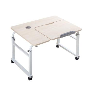 Imagem de Mesa para cama de hospital com altura ajustável | Cor teca sobre a cama com rodas | Mesa móvel para poltrona reclinável ou cadeira | Carrinho de laptop para famílias de hospitais