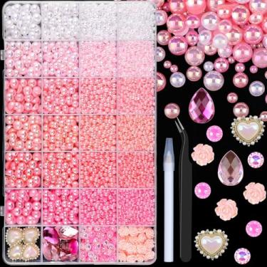 Imagem de 11200 peças de pérolas planas e strass de resina para artesanato, gradiente rosa 3-8 mm meias pérolas e strass de geleia de 3-6 mm com ferramentas de captação, pedras em gota para artesanato DIY (22