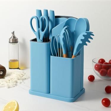 Imagem de Utensilios para Cozinha Silicone Kit com 19 Peças Cabo Madeira Conjunto Completo Espátula Concha Colher Jogo Suporte Faca Antiaderente Tabua Tesoura Faqueiro (azul)