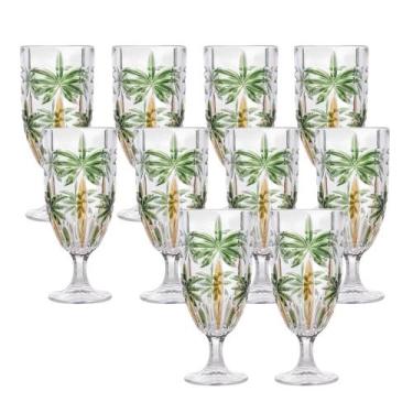 Imagem de Jogo 10 Taças de Cristal Palm Tree Coqueiro para Água Suco Wolff 450ml