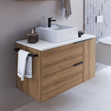 Imagem de Gabinete De Banheiro Suspenso 80cm Com 1 Toalheiro 2 Portas E 1 Gaveta Bh8020 Com Cuba Mel Branco