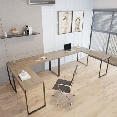 Imagem de Kit 2 Mesas De Escritório Em L Estilo Industrial 1,50mx1,50m Kuadra Nogal