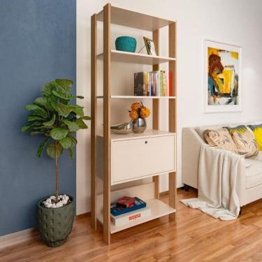 Imagem de Estante Artely Match Com 4 Prateleiras 1 Porta E 4 Nichos Off White-carvalho