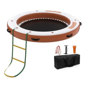 Imagem de GAOMON Doca flutuante inflável de 2,8 x 2,3 m, plataforma flutuante redonda inflável com área de natação de malha, plataforma de EVA antiderrapante e escada de corda, barcos, piscina, lago, praia
