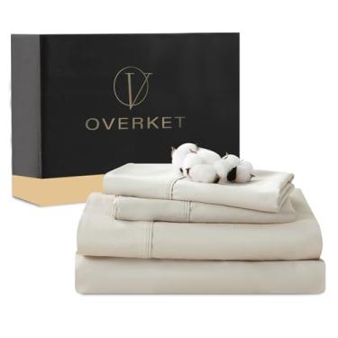 Imagem de Overket Lençóis de algodão egípcio tamanho casal 4 peças 1000 fios trama cetim macio respirável bolso profundo 40,6 cm (completo, linho)