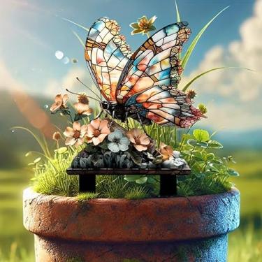 Imagem de WGKOMEGE Decoração de estaca de jardim, estátua de animal fofo 2D de acrílico, enfeite de esculturas de fadas, acessórios decorativos para plantas e vasos de gramado (borboleta floral)