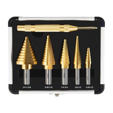 Imagem de AIMLENTOOL Conjunto de broca escalonada, 6 peças de broca escalonada de aço de alta velocidade com punção central automática para metal, madeira, plástico, broca escalonada hss de 50 tamanho