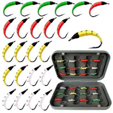 Imagem de Qievcrme 24 peças de pesca com mosca, iscas de truta, equipamento de pesca, moscas com robalo de truta em caixa, isca artificial de peixe (24 peças de vermes pupais)