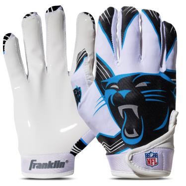 Imagem de Franklin Sports Carolina Panthers Luvas para jovens com receptor de futebol NFL – Luvas receptoras para crianças – logotipos da equipe NFL e palma de silicone – Par juvenil P/PP