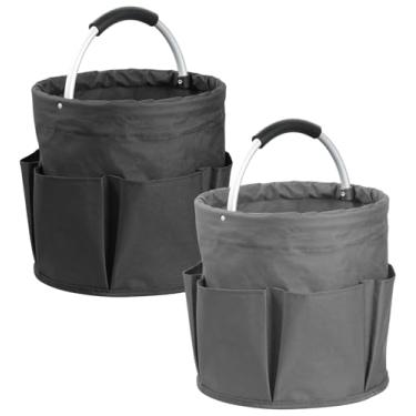 Imagem de IHOMAGIC Pacote com 2 suportes de limpeza dobráveis de 17L com alça macia, bolsa portátil para ferramentas de limpeza em tecido Oxford 600D, organizador de ferramentas com 6 bolsos para uso ao ar