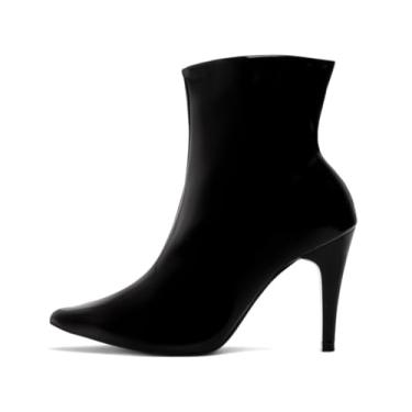 Imagem de Bota Feminina Cano Curto Salto Alto Fino 9 cm Confortável Napa ou Verniz Zíper Lateral (Verniz Preto, BR, Adulto, Numérico, 38)