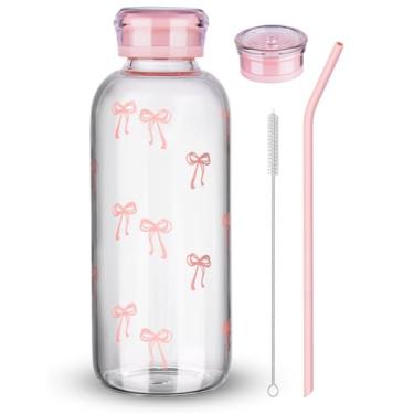 Imagem de NiHome Garrafa de água de vidro rosa de 750 ml com canudo de silicone, 2 tampas, escova de limpeza, vidro borossilicato para bebidas quentes e frias, garrafa reutilizável à prova de vazamento para