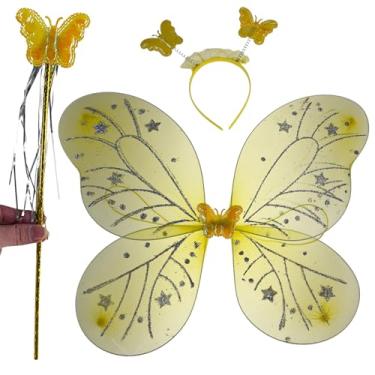 Imagem de Asa de Borboleta Fantasia Infantil Kit com Varinha e Tiara Fada Festa Carnaval Lembrancinha (Amarelo)