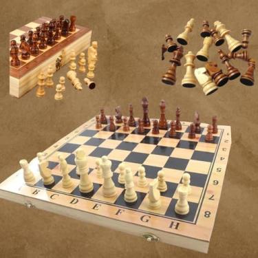 Imagem de Jogo de Xadrez 3 em 1 de Luxo, Tabuleiro em Madeira Verniz 35X35cm de Damas e Gamão Magnético, Peças Magnéticas Resistentes