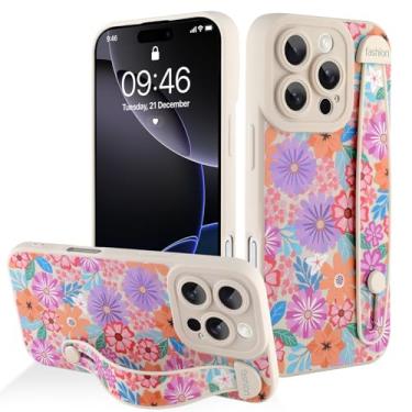 Imagem de AIGOMARA Capa para iPhone 16 Pro com alça para mulheres e meninas, linda estampa de flores florais coloridas, capa protetora de silicone com suporte de faixa macia, branca