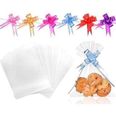 Imagem de Zonon Conjunto de 410 sacos de guloseimas de celofane transparentes de 12,7 x 17,8 cm, 200 sacos individuais de pretzels transparentes com 210 laços de puxar para pequenos lembrancinhas de festa