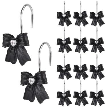 Imagem de 12 peças de anéis de ganchos de cortina de chuveiro, ganchos de cortina de resina de laço preto, anéis de chuveiro para banheiro, quarto de bebê, berçário, decorações artísticas