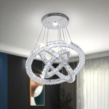 Imagem de CLAIRDAI Lustre de cristal moderno lustres de LED 3 anéis de luz pendente ajustável de aço inoxidável luminária de teto para sala de jantar quarto sala de estar corredor (6500K branco frio)