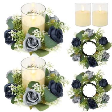 Imagem de ACMEE Anéis de vela rosa com conjuntos de velas sem chama - 4 peças de centro de mesa de casamento de eucalipto de flor artificial de 7,6 cm para decoração de festa de casamento (conjunto com 2) (azul
