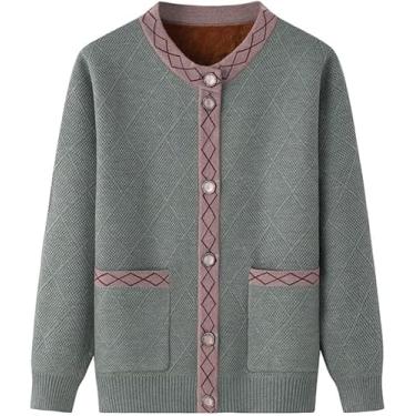 Imagem de Suéter Kitted Cardiga Para Idosos De Meia-idade Qiufe Fashio, Patchwork Listrado Gola Redonda Bolsos Manga De Log, Top Cardiga Wome, Kit Cardigan Autum Witer Sigle-breasted, Green, XL