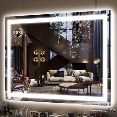 Imagem de FENNIO Espelho de maquiagem grande com luzes, espelho de maquiagem LED de 96,5 cm x 71,1 cm, espelho de Hollywood com 3 modos de cor e brilho ajustável, espelho quadrado branco