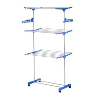 Imagem de Varal De Chão Com Rodinhas Retrátil Articulado Dobrável 3 Andares Perfeito Para Lugares Pequenos(AZUL)
