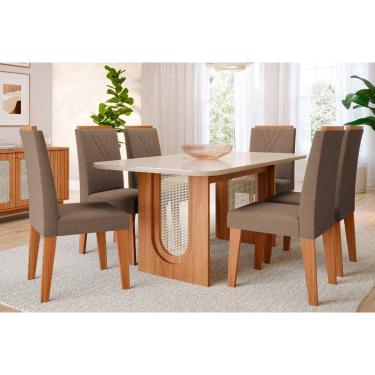 Imagem de Conjunto: Mesa de Cozinha Valentina Tampo Madeirado c/ Vidro 180x90cm e 6 Cadeiras Nicole Cinamomo/Off White - Nature/Suede Joli Chocolate - Cimol