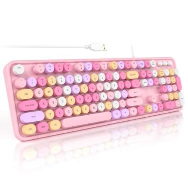Imagem de SQMD Teclados de computador coloridos com fio, teclado de máquina de escrever de tamanho completo Plug and Play, teclado estético fofo com suportes dobráveis para Windows PC, laptop (rosa)