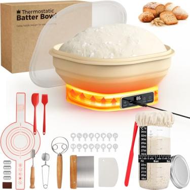 Imagem de Kit inicial de massa fermentada de aquecimento, cesta quadrada dobrável de silicone termostático elétrico 4L à prova de pão Banneton com 6 configurações de temporizador e temperatura para aumentar a
