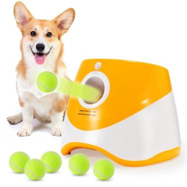 Imagem de Lançador de bola AutomaticDog, distância de 3 a 80 m, lançador de bola recarregável por USB, brinquedo indicador de LED, inclui 6 mini bolas de tênis (5 cm) para cães pequenos, laranja