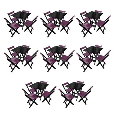 Imagem de Kit 8 Mesas De Madeira Dobrável Preto 70x70 Com 4 Cadeiras Dobráveis Roxo