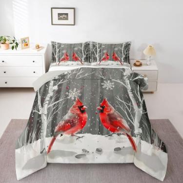 Imagem de Erosebridal Conjunto de edredom infantil Winter Cardinals, flocos de neve, Natal, pássaros, vermelho, animal, para meninos, meninas, adultos, Natal, Ano Novo, colcha com 2 fronhas