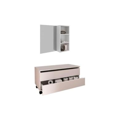 Imagem de Armário C- Balcão Banheiro Rodizios Bn3603 S- Cuba 80cm E Espelho Bn3609 Branco - Tecno Mobili
