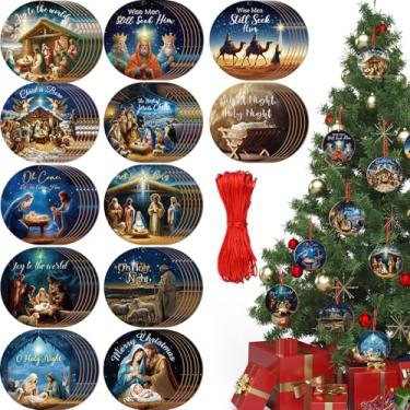 Imagem de Soaoo 72 peças de enfeite de Natal para presépio de madeira Jesus Natividade Decorações de Natal religiosas cristãs com cordas vermelhas para decoração de festa de árvore de Natal (estilo novo)