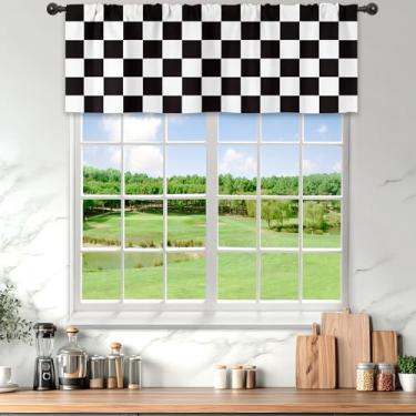 Imagem de Mitpok Cortinas de saia xadrez pretas e brancas para quarto 132 cm L x 45 cm Bolso de varão abstrato moderno Y2K anos 2000 anos 70 vintage clássico bonito hippie Groovy 1 painel conjunto de tratamento