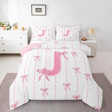 Imagem de jejeloiu Jogo de cama solteiro com laço rosa, para crianças, meninos, meninas, letra J, edredom kawaii, coquete, decoração de quarto, monograma, microfibra, 2 peças com 1 fronha