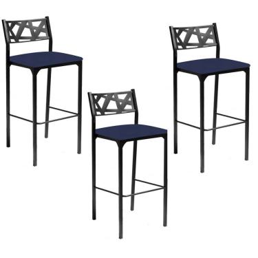 Imagem de Kit 03 Banquetas Alta Com Encosto Luiza Gourmet Para Balcão Cozinha Suede Azul Marinho - Aurora Line