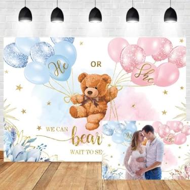 Imagem de Urso de 2,1 x 1,5 m Fundo de Revelação de Gênero Dourado Estrela Azul e Rosa Balões Floral Fotografia Fundo Ele ou ela Bebê Gênero Revelar Decoração de Festa Podemos esperar para ver pano de fundo