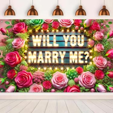 Imagem de BlissYard Will You Marry Me Banner 188 x 109 cm Pano de fundo de flores românticas decoração de festa de noivado arte de parede amor confissão grande tecido poliéster pano de fundo banner
