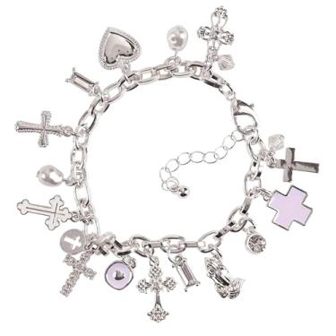 Imagem de Dicksons Elegante pulseira multicruz para mulheres, corrente prateada com coração, pérola e oração, joia Faith Jewelry